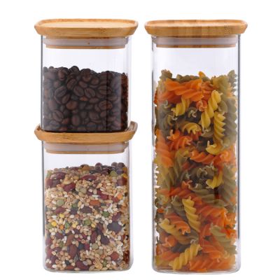 3 pcs kitchen stackable borosilicate storage square glass jar with bamboo lid 