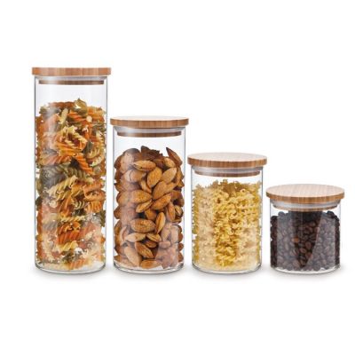 4 Pcs Cylinder Borosilicate Glass Containers With Bamboo Lid Storage Jar Canister Set 