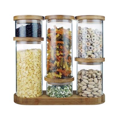Kitchen Set Of 6 Borosilicate Glass Food Storage Jar With Stackable Bamboo Lid And Horizontal Tray 