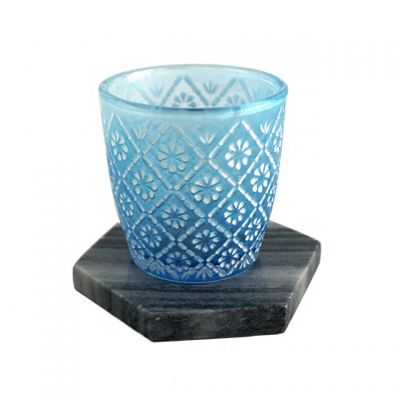 Hand Cut Fancy Geo Cut Glass Candle Jar Blue Glass Candle Holder