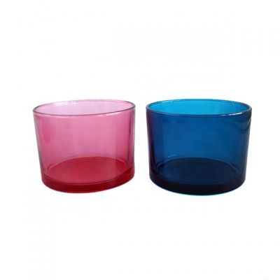 Hot sale 450ml translucent blue and red color 15oz glass candle jar with wooden lid 