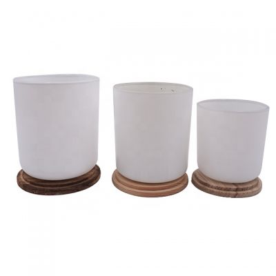 hot sale frosted white glass jars candle holders with wood lid cover