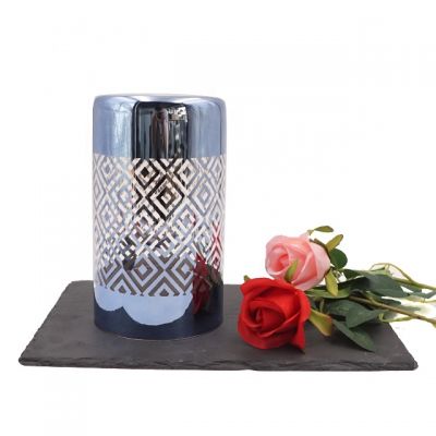 glossy blue extra large glass hurricane candle holder with diamond cut pattern