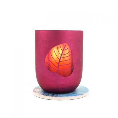 wholesale vintage frosted pink glass candle holder with leaf decor