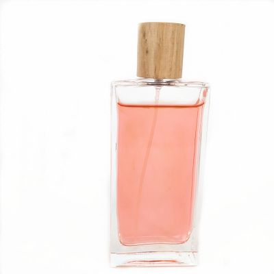 Custom 100ml perfume bottle square glass spray bottle with wooden cap