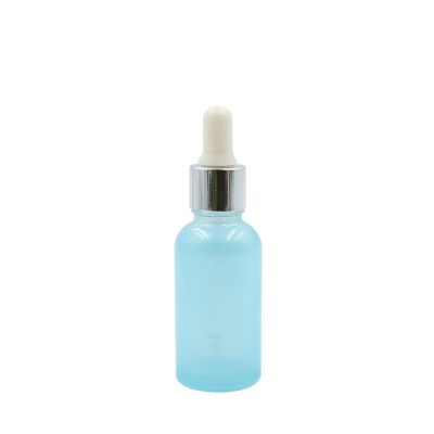 empty essential oil packaging round shape glass serum 30ml bottle painted blue coloured dropper bottles with shiny silver cap