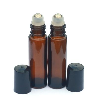 10ml amber glass roll on essential oil bottle with stainless steel roller and black plastic lid 