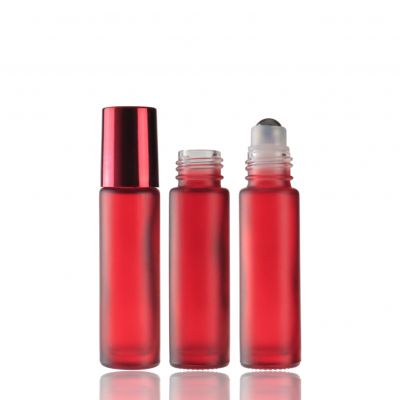 Mini travel empty custom 10ml 15ml red roll on glass perfume bottle with stainless roller ball red cap with frosting