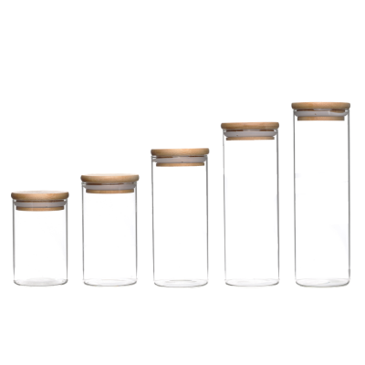 Food grade fancy keep fresh straight round clear high borosilicate glass jar with bamboo lid