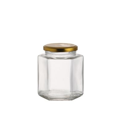 Food storage empty clear 380 ml container glass hexagon jam honey jar with screw lid 