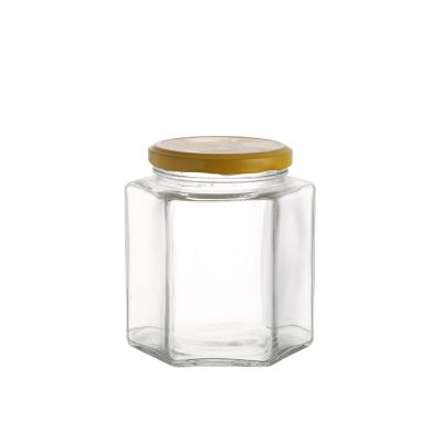 Free sample unique shape 500 ml hexagonal honey glass jam jar with metal lid
