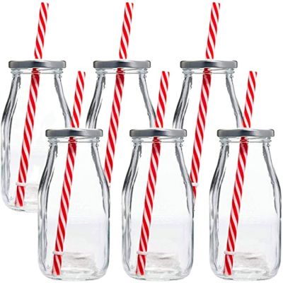 Wholesale 310ml Transparent Milk Juice Glass Beverage Bottle With Metal Cover 