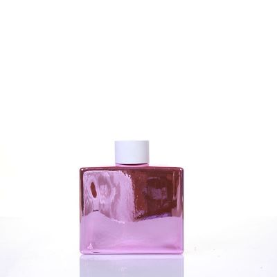 100ml Flat square shape electroplating pink reed diffuser glass bottle with rattan sticks 
