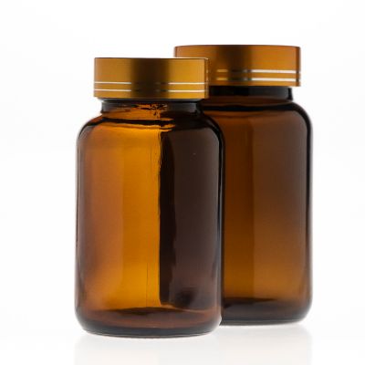 Supplier Empty 150cc Amber Round Glass Vitamin / Pill Pharmaceutical Bottle with Aluminum Gold Cap 