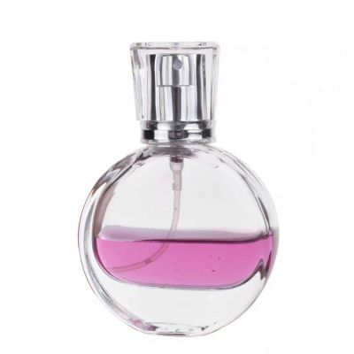 wholesale empty portable women perfume glass bottles women flat round perfume bottle 50ml with sprayer