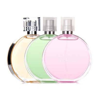 Bulk manufacture 30ml 50ml 100ml flat round shape perfume bottle plastic cap square cap 