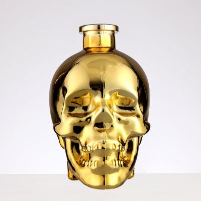 Empty electroplated Golden skull glass bottle vodka whiskey xo brandy Bottle Glass With glass Lid For The Rum gin 