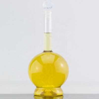 Custom Round Shape Long Neck 500ml Cork Sealed Brandy Glass Bottle With Lids 