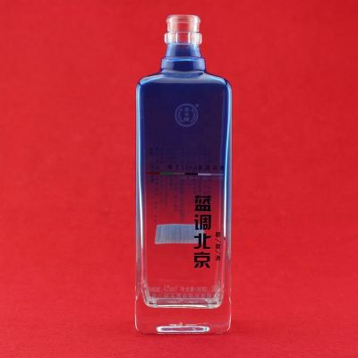 Top Trend Custom Design Glass Bottle Dark Blue Glass Vodka Decal Square Bottle With Plastic Cap 