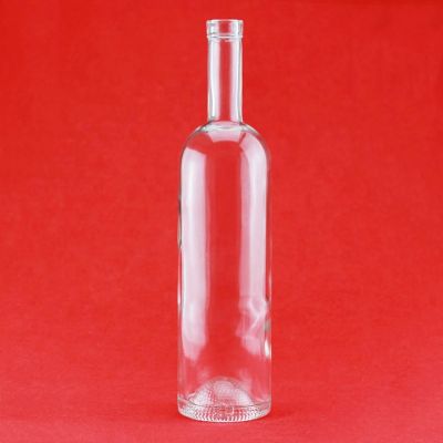 wholesale 750ml standard size transparent round shape long neck vodka glass bottle with cork stopper 