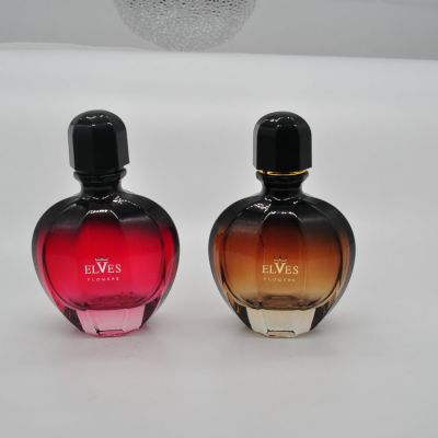 Modern design two-color gradient glass flat round perfume bottle 100ml 