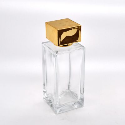 High end 100ml square glass perfume bottle spray bottle with gold cap 
