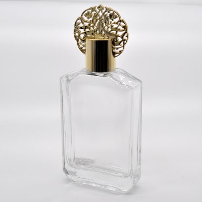 Retro Square Perfume Glass Bottle with Golden Exquisite Vase Cover 100ml