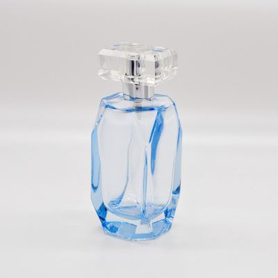 Exquisite fresh sky blue transparent square glass perfume spray bottle for sale