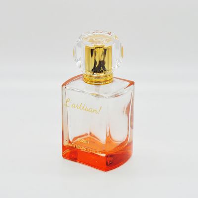 High quality 50ml gradient orange square transparent glass perfume spray bottle
