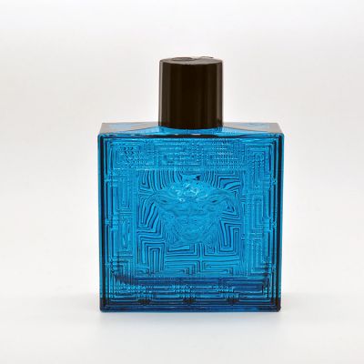 Modern design 100ml square glass transparent blue empty parfum bottle 
