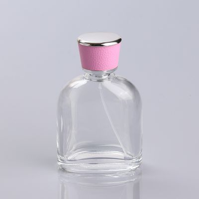 100 ml crimp neck girl perfume glass bottle with pink plastic cap 