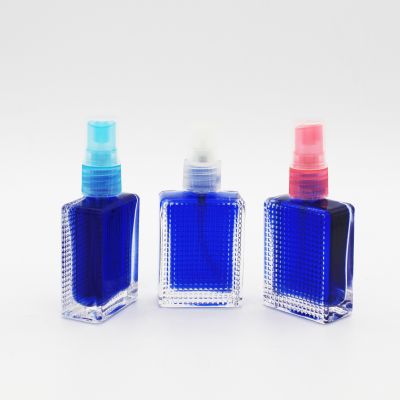 plastic cap and screw pump square refillable rectangle 30ml glass perfume bottle 