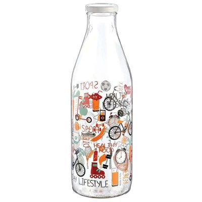 Customized 1000ml clear round glass milk bottle with tinplate cap 