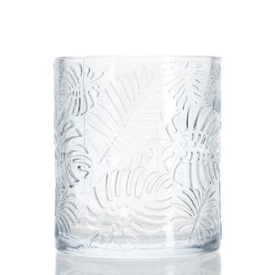Wholesale Leaf Pattern Christmas Candle Glass Holder Empty Decorative Round Candle Jar 