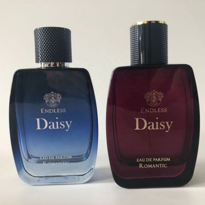 Embossed perfume cap round flat luxury blue men 100ML perfume glass bottle red 