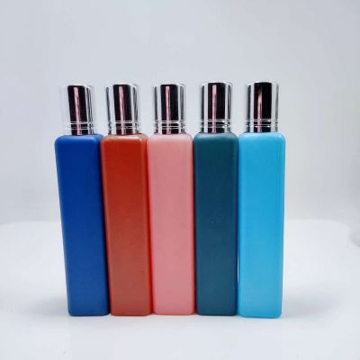 Popular customized solid blue red pink color 15ml tall square rectangular luxurperfume oil roll on glass bottle