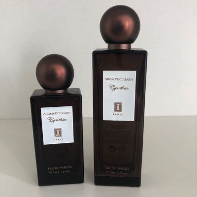 Round perfume lid luxury dark brown colored square fancy glass perfume bottle 30ml 50ml