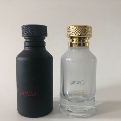 custom clear black with logo printing 100ml round glass perfume bottle with heavy cap 