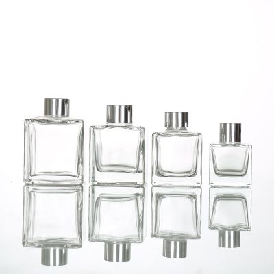 Square Clear Empty Aroma Reed Diffuser Custom Glass Bottle With Metal Cap