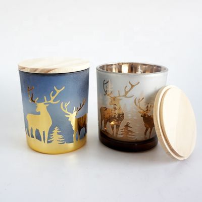 White and blue colored engraving deer pattern glass votive candle holders with wooden lids for sale