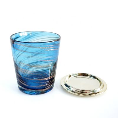 new arrival 2021 unique hand blown blue swirl design glass candle jar with gold ceramic lid