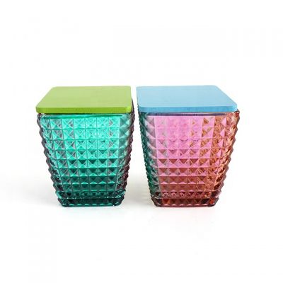 Home Decorative Embossed Rainbow Design Square Candle Glass Jar 10oz 11oz with lids