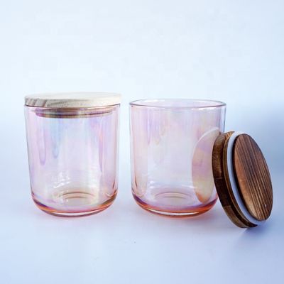 Luxury gradient electroplating pink color glass votive candle holders 16oz 480ml with sealed wooden lids