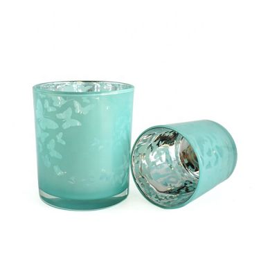 Hottest wedding chic home blue color butterfly laser engraving glass candle holders jar 200ml 400ml