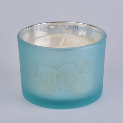 blue glass candle holder with wooden lid, 14 oz unique glass vessels with metallic sliver inside