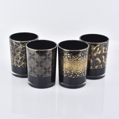 black glass candle vessels with gold printing, custom glass candle holders