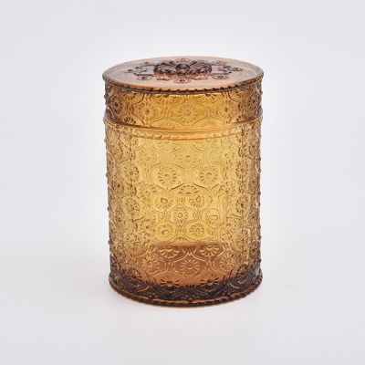 16oz flower pattern embossed glass candle holder with lid