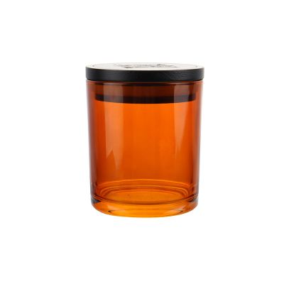 Factory Directe Supply 9 oz Amber Glass Candle Jar With Wood Lid Customized Logo
