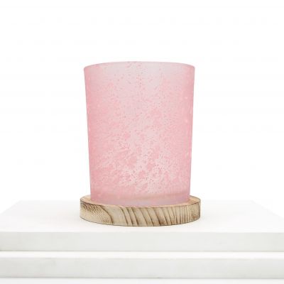 New design custom wooden lid transparent clear frosted pink glass candle jar container vessel