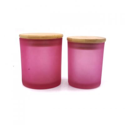 New arrival pink color frosted glass empty candle jar candle container with wood cover lid
